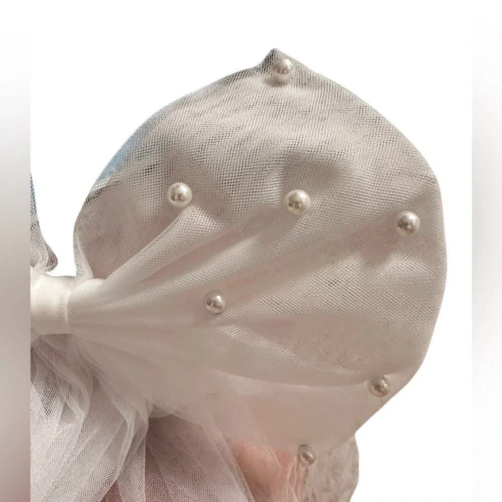 Elegant White Hair Bow with Veil studded with Pearls white shorter length